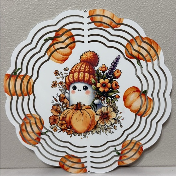 Hand Crafted Autumn Pumpkin Wind Spinner- Orange and White - Picture 1 of 2